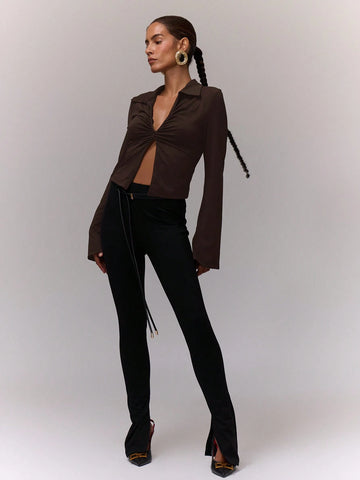 Ruched Front Collared Zip Up Top