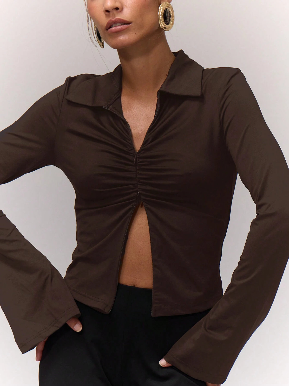 Ruched Front Collared Zip Up Top