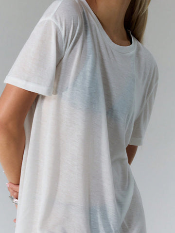 MUSERA Solid Color Sheer Tee Dress With Round Neck And Dropped Shoulders