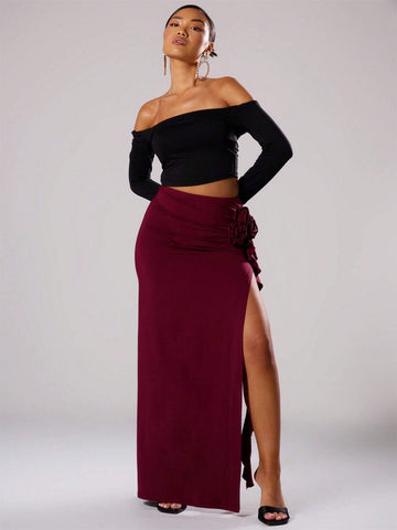 MUSERA Split Flower Detail Maxi Slinky Maxi Skirt