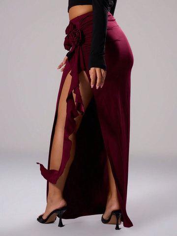 MUSERA Split Flower Detail Maxi Slinky Maxi Skirt