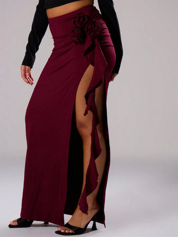 MUSERA Split Flower Detail Maxi Slinky Maxi Skirt