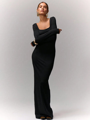MUSERA Square Neck Long Sleeve Maxi Dress