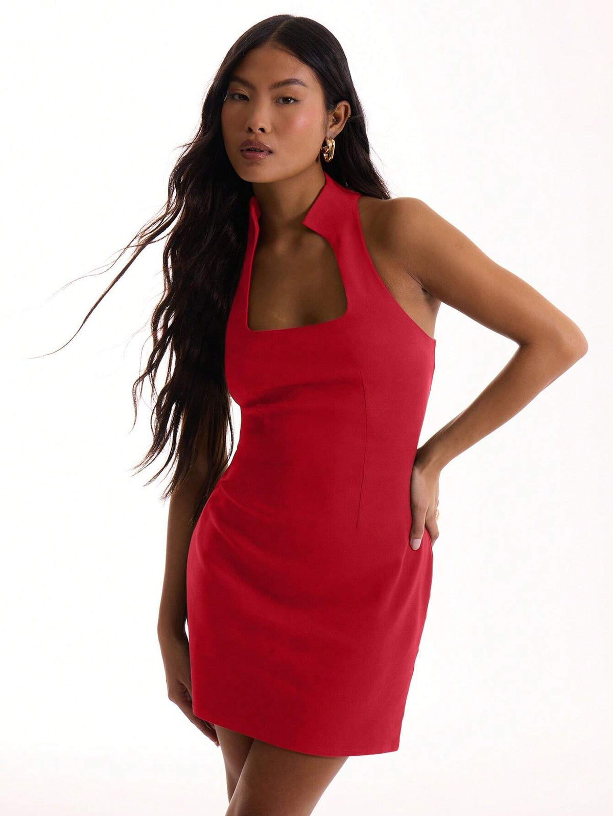 MUSERA Square Neck Stand Colour Bodycon Dress