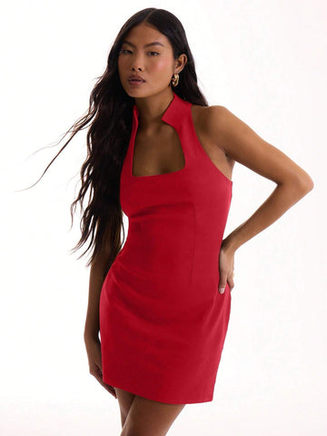 MUSERA Square Neck Stand Colour Bodycon Dress