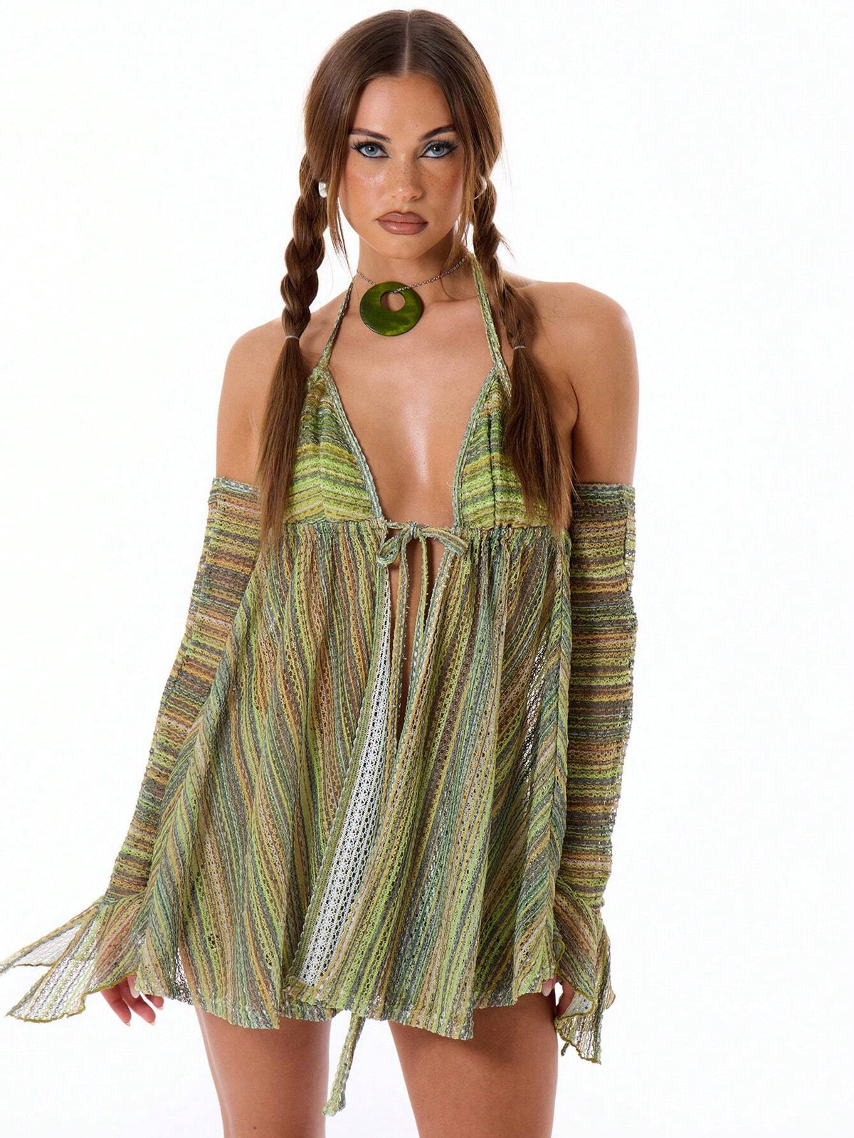 MUSERA Summer Sheer Striped A Line Halter Neck Mini Dress