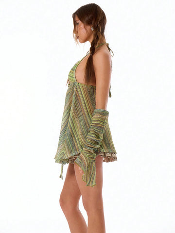 MUSERA Summer Sheer Striped A Line Halter Neck Mini Dress