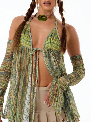 MUSERA Summer Sheer Striped A Line Halter Neck Mini Dress