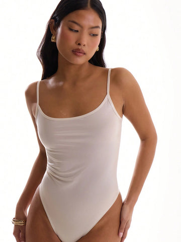 MUSERA Summer Solid Color Glossy Wet Look V-Neck Cami Bodysuit