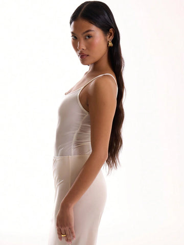 MUSERA Summer Solid Color Glossy Wet Look V-Neck Cami Bodysuit