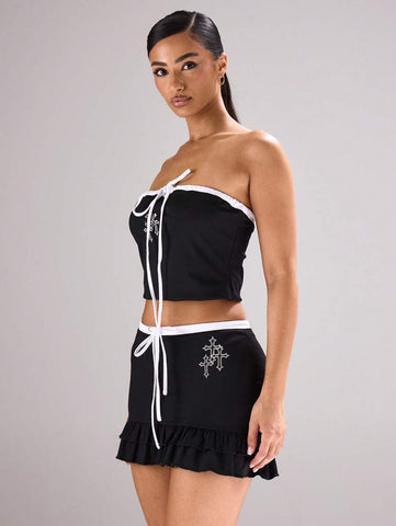 MUSERA Tie Waist Contrast Cross Mini Frill Hem Skirt Festival, Concert, Rave, Club Outfit, Summer, Sexy