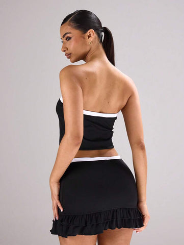 MUSERA Tie Waist Contrast Cross Mini Frill Hem Skirt Festival, Concert, Rave, Club Outfit, Summer, Sexy