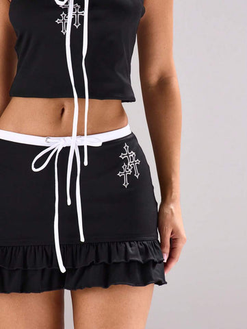 MUSERA Tie Waist Contrast Cross Mini Frill Hem Skirt Festival, Concert, Rave, Club Outfit, Summer, Sexy