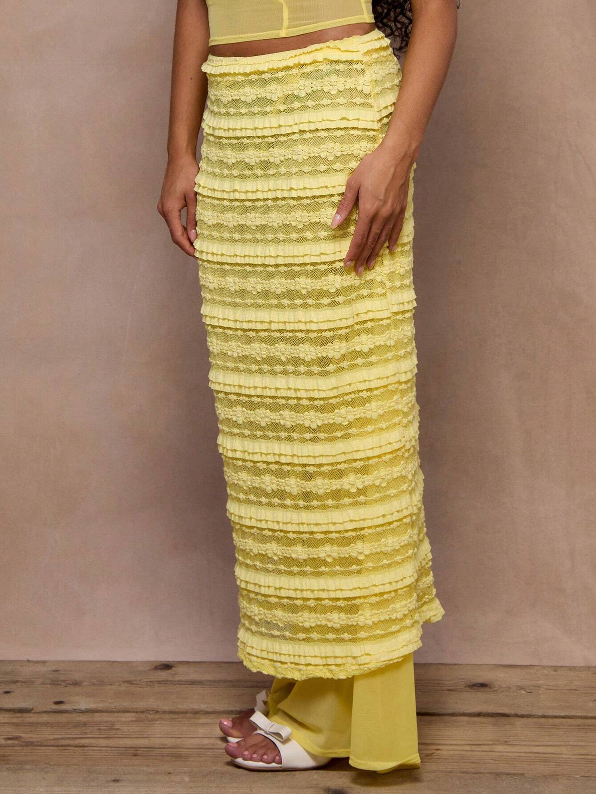 MUSERA Tiered Floral Lace Mesh Panel Midaxi Skirt