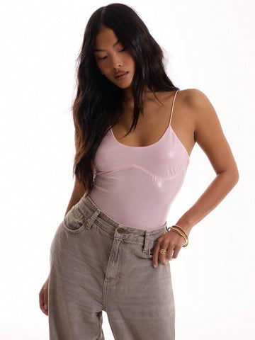 MUSERA Wet Look Bust Detail Bodysuit