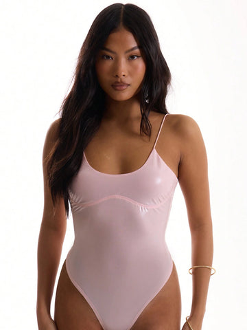 MUSERA Wet Look Bust Detail Bodysuit