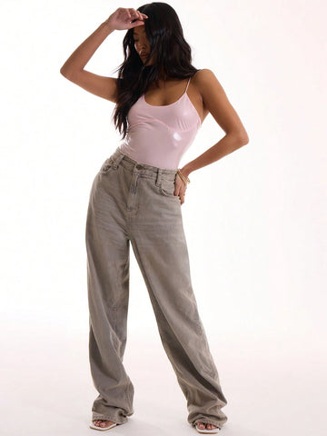 MUSERA Wet Look Bust Detail Bodysuit