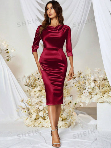 MUXXN Vintage 1950's Draped Collar Work Style Satin Cocktail Party Pencil Dress
