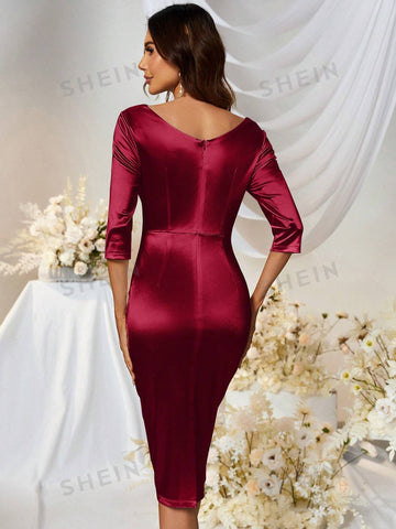 MUXXN Vintage 1950's Draped Collar Work Style Satin Cocktail Party Pencil Dress
