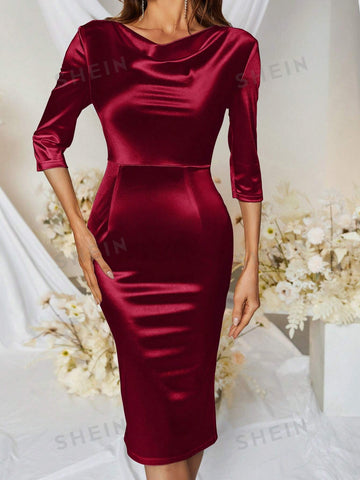 MUXXN Vintage 1950's Draped Collar Work Style Satin Cocktail Party Pencil Dress