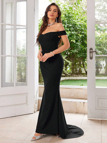 MUXXN Vintage 1950's Off Shoulder Mermaid Hem Satin Cocktail Party Dress