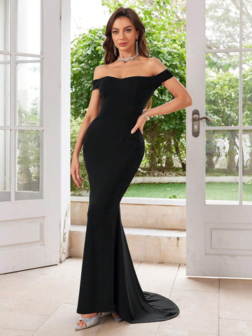 MUXXN Vintage 1950's Off Shoulder Mermaid Hem Satin Cocktail Party Dress