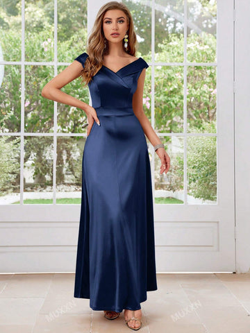 MUXXN Vintage 1950's Satin V-Neck Cocktail Party Dressy Dresses