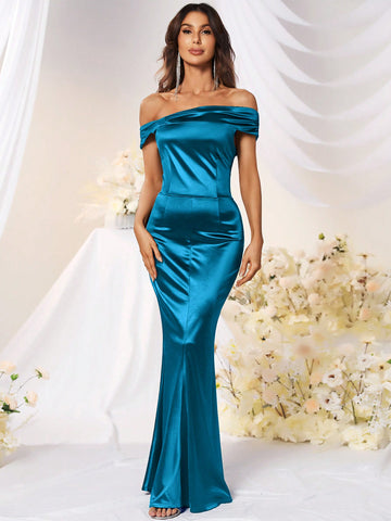 MUXXN Vintage 1950's Straight shoulder Satin Cocktail Party Prom Dress