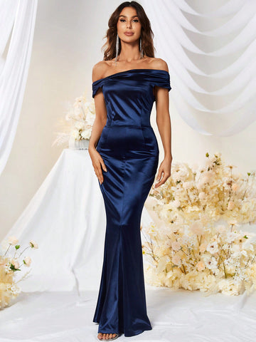 MUXXN Vintage 1950's Straight shoulder Satin Cocktail Party Prom Dress