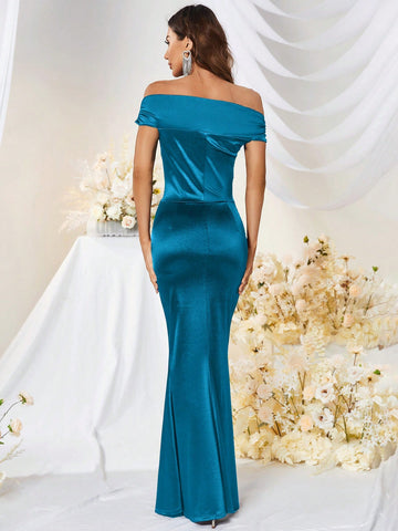 MUXXN Vintage 1950's Straight shoulder Satin Cocktail Party Prom Dress