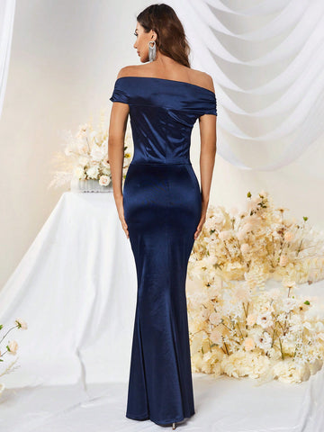 MUXXN Vintage 1950's Straight shoulder Satin Cocktail Party Prom Dress