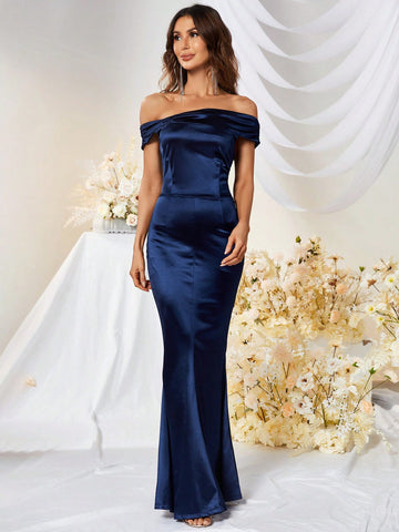 MUXXN Vintage 1950's Straight shoulder Satin Cocktail Party Prom Dress