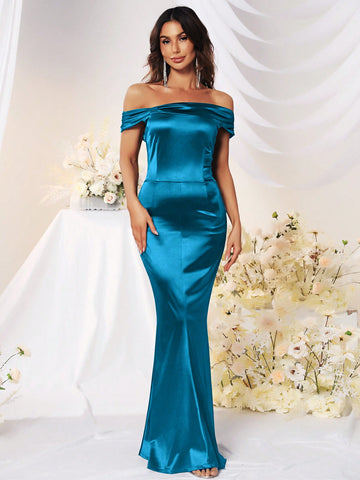 MUXXN Vintage 1950's Straight shoulder Satin Cocktail Party Prom Dress