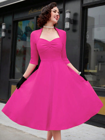 MUXXN Vintage 1960s Sweetheart Neck Rose Red Swing Cocktail Prom Midi Dress