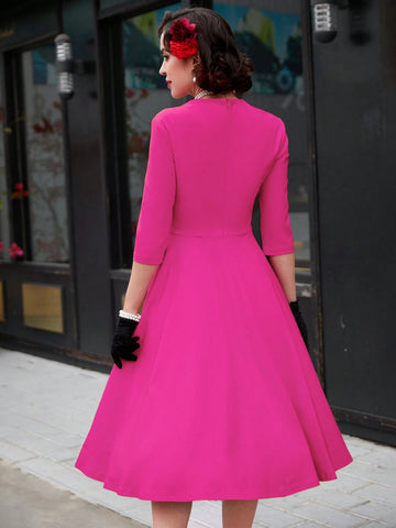 MUXXN Vintage 1960s Sweetheart Neck Rose Red Swing Cocktail Prom Midi Dress