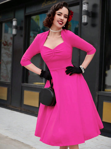 MUXXN Vintage 1960s Sweetheart Neck Rose Red Swing Cocktail Prom Midi Dress
