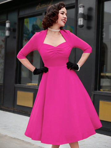 MUXXN Vintage 1960s Sweetheart Neck Rose Red Swing Cocktail Prom Midi Dress