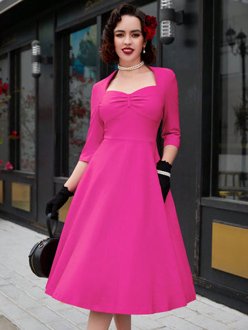 MUXXN Vintage 1960s Sweetheart Neck Rose Red Swing Cocktail Prom Midi Dress