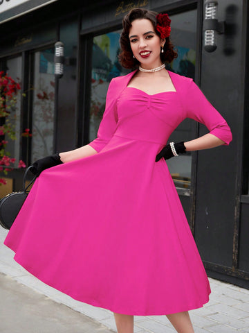 MUXXN Vintage 1960s Sweetheart Neck Rose Red Swing Cocktail Prom Midi Dress