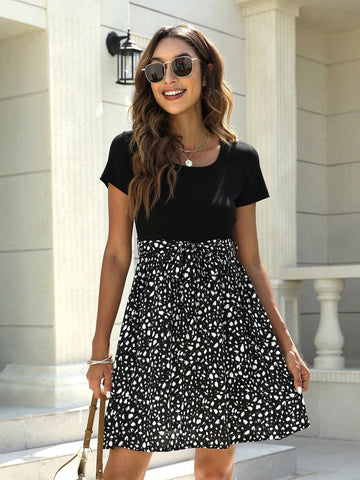 MY110 Women's Elegant Colorblock Printed A-Line Dress With Pockets