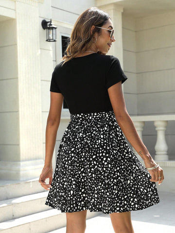 MY110 Women's Elegant Colorblock Printed A-Line Dress With Pockets