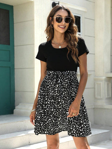 MY110 Women's Elegant Colorblock Printed A-Line Dress With Pockets