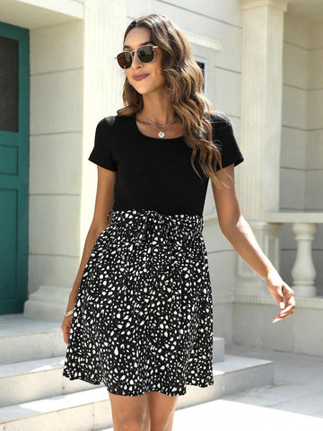 MY110 Women's Elegant Colorblock Printed A-Line Dress With Pockets