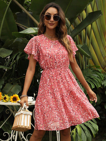 MY112 Women's Summer Casual Floral Print Chiffon Round Neck Dress