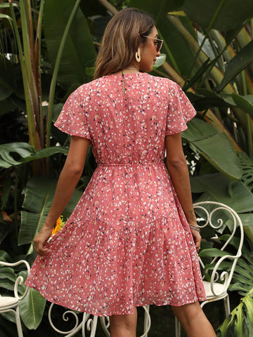MY112 Women's Summer Casual Floral Print Chiffon Round Neck Dress