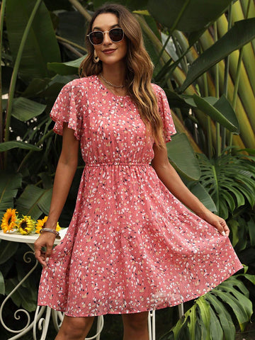 MY112 Women's Summer Casual Floral Print Chiffon Round Neck Dress