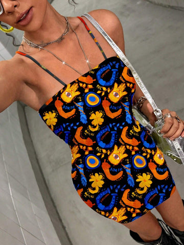 Magic Garden Abstract Art Print Slim Fit Spaghetti Strap Dress For Women