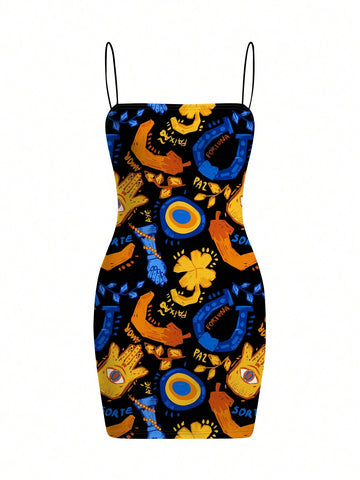 Magic Garden Abstract Art Print Slim Fit Spaghetti Strap Dress For Women