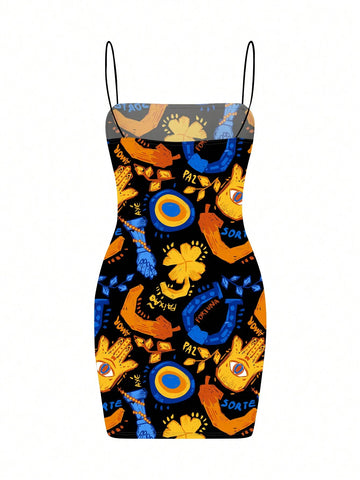 Magic Garden Abstract Art Print Slim Fit Spaghetti Strap Dress For Women