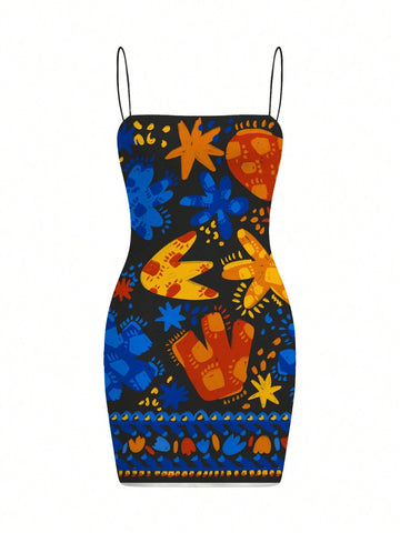 Magic Garden Y2K Style Holiday Magic Garden Abstract Modern Art Print Bodycon Slip Dress For Women